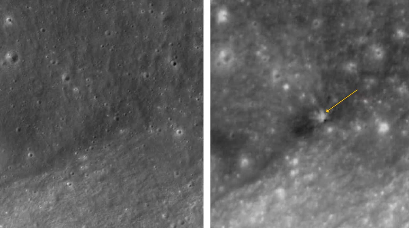 Before and after images of the moon show a newly formed crater in the after image.